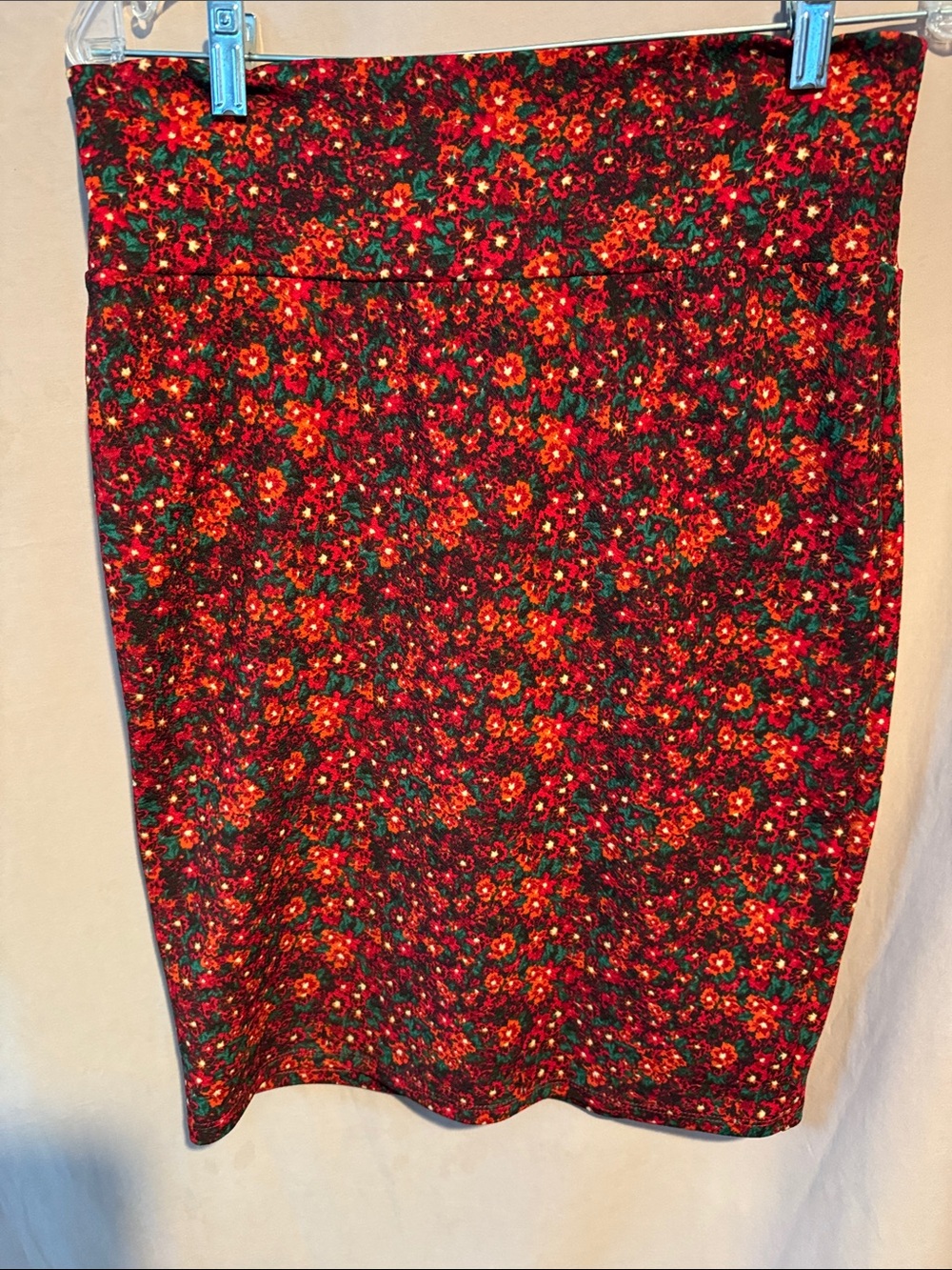 LuLaRoe Red Floral Pencil Skirt with Green Accents
